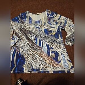 Cactus Size Medium Pheasant Print Blouse In Blue, White And Tan